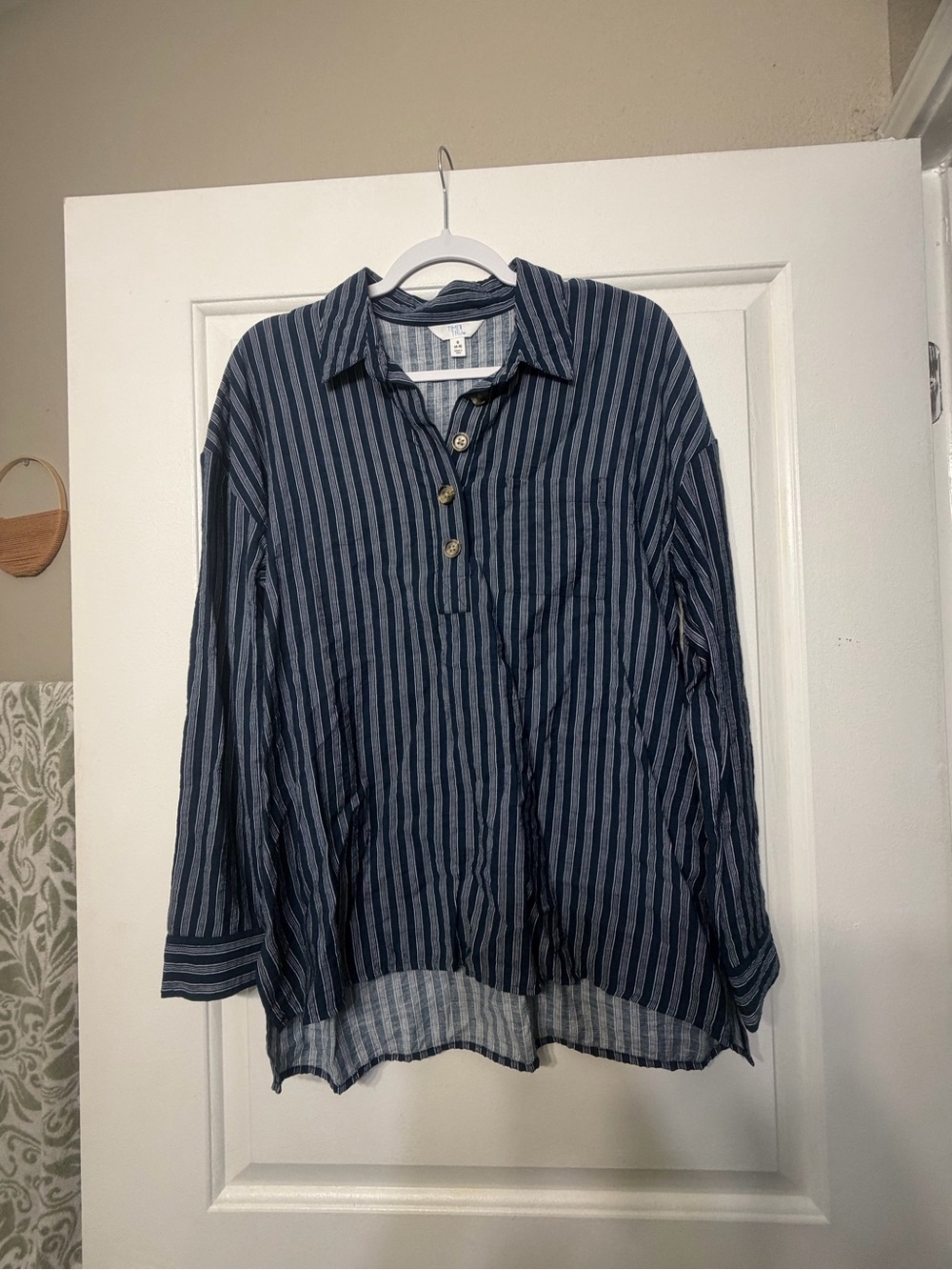 Time and Tru Navy and Light Blue Vertical Stripe Button-Front Top